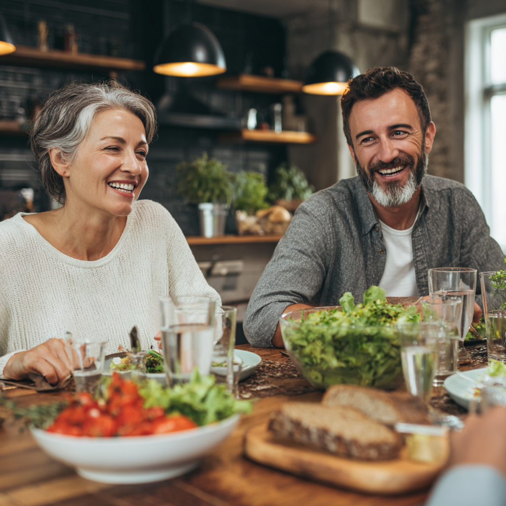 Happy Ukrainian family of different ages sharing nutritious meal together at dining table, enjoying healthy food and conversation